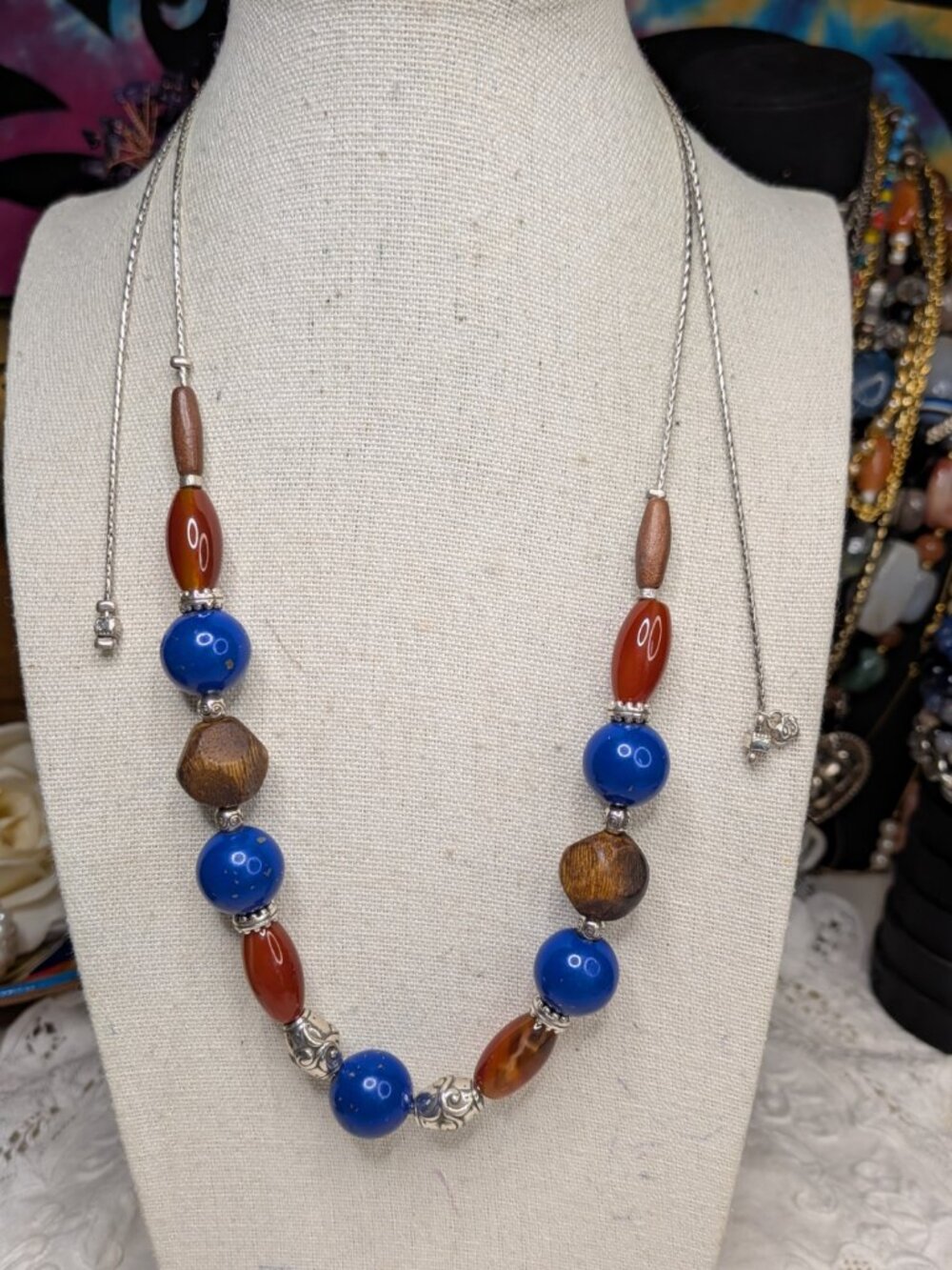 Brighton SOL Adjustable Necklace – Blue & Rust Beads with Silver Accents